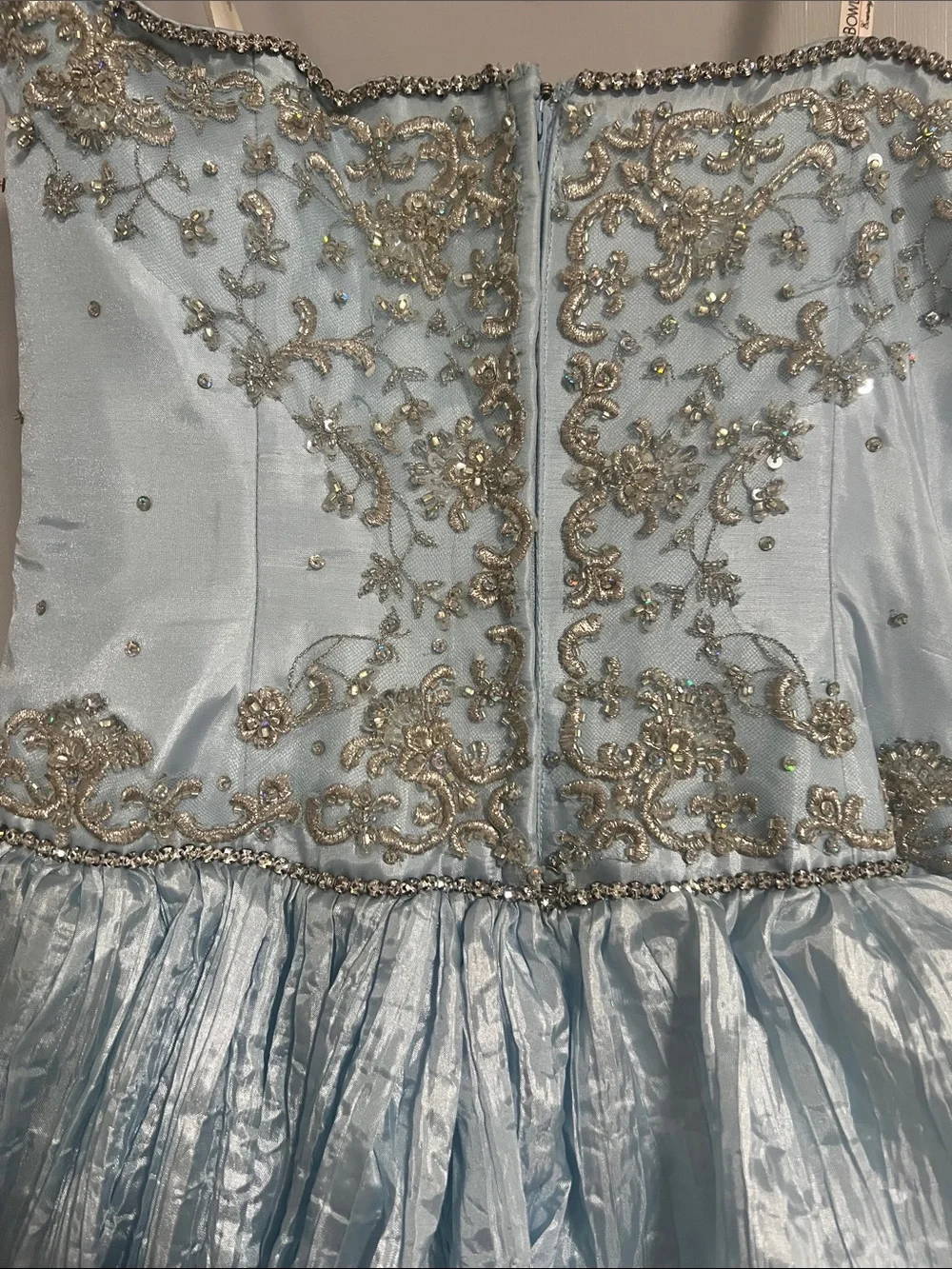 Tony Bowls Light Blue Tiered Ruffle Formal Dress with Gold Embellishment